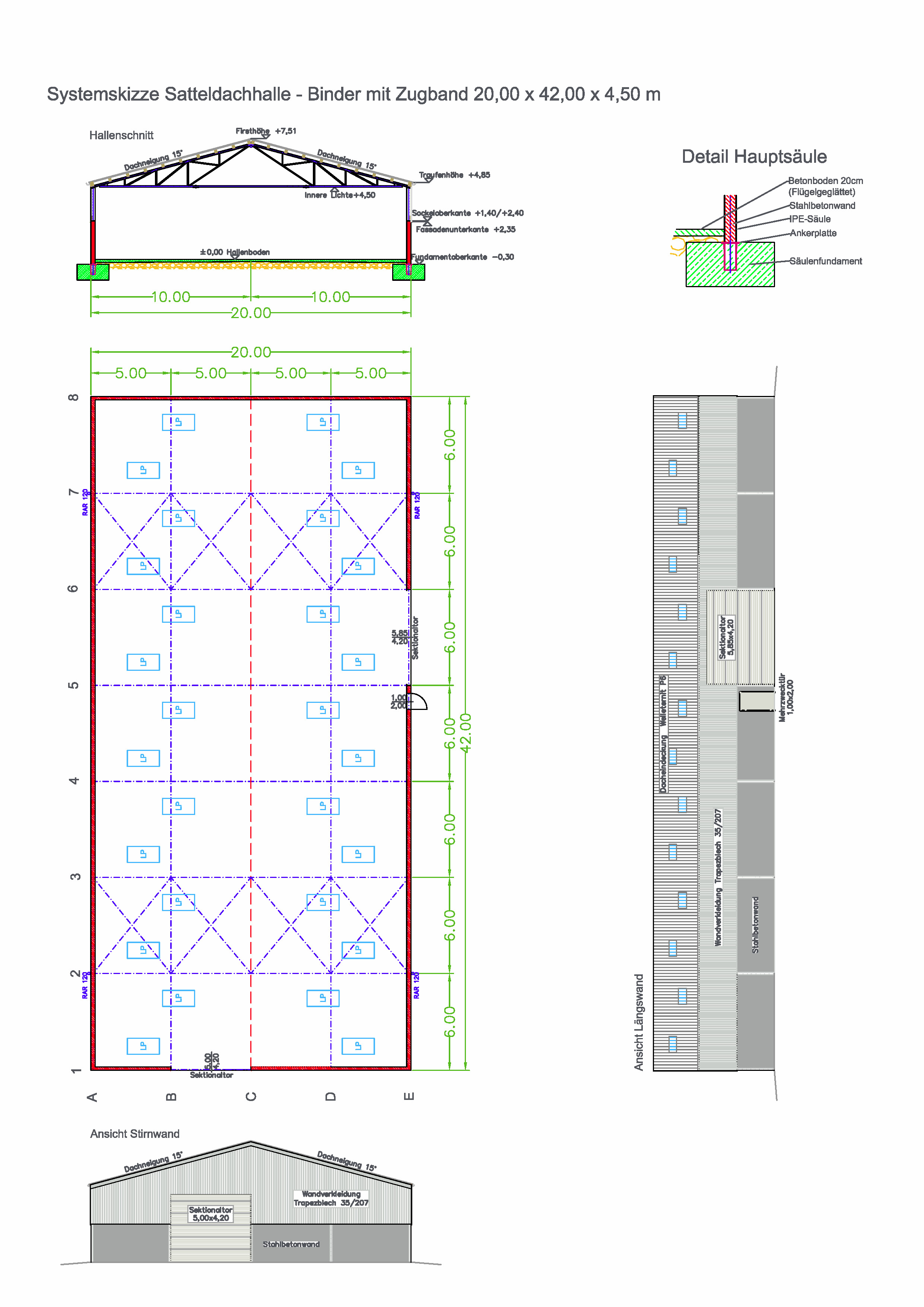 Brantner Hallenbau Systemhalle mit 20 m Spannweite und Binder